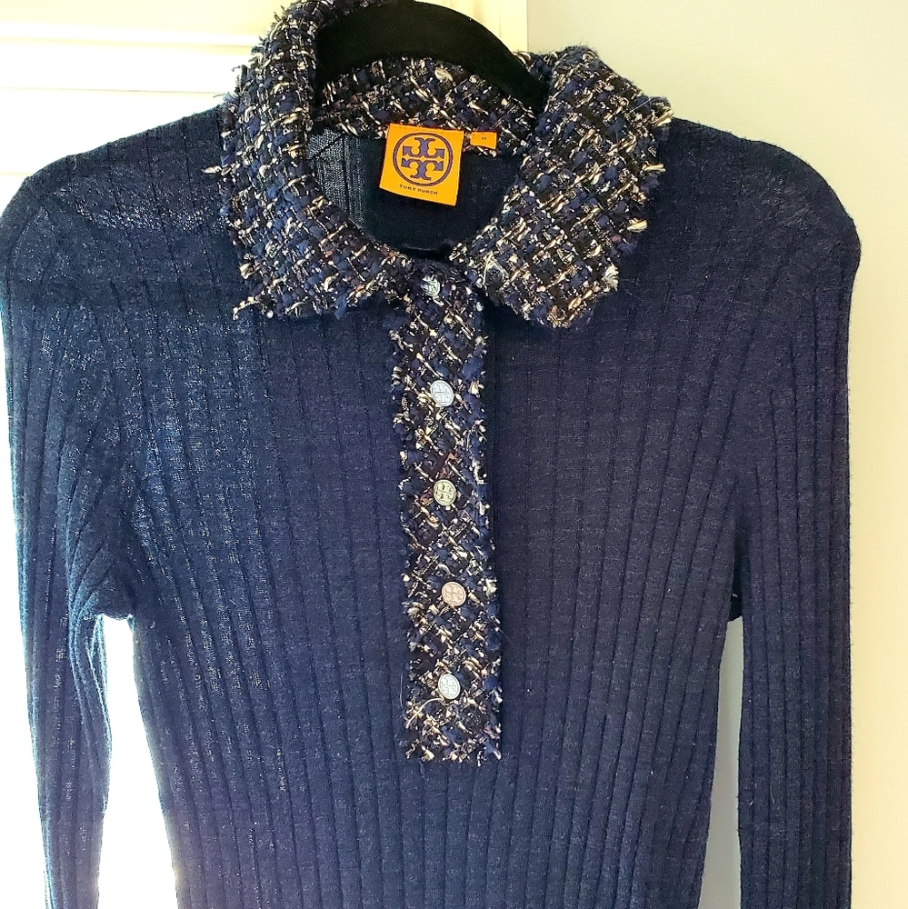 TORY BURCH Wool Sweater, Boucle Trim, Navy Blue